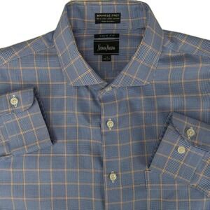 Neiman Marcus Mens Trim Fit Dress Shirt 16 36/37 Blue Orange Glen Check Plaid